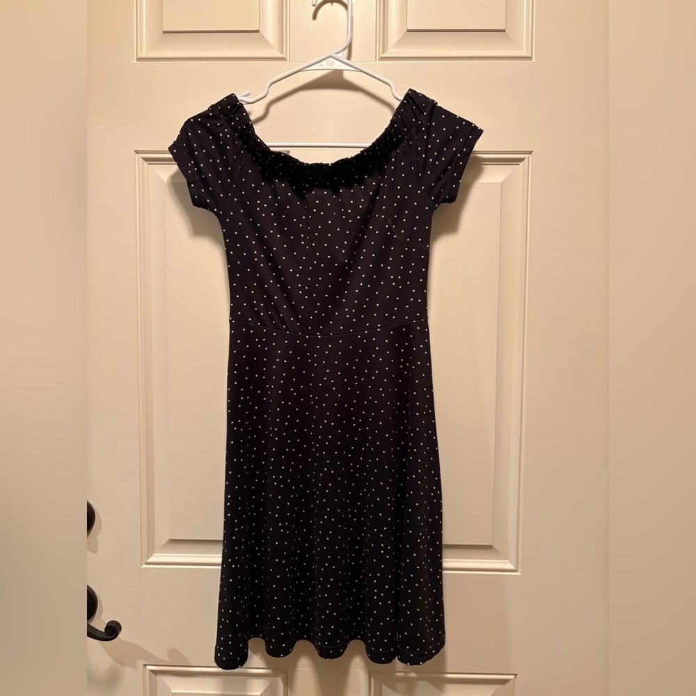 Black polka dot off the shoulder dress